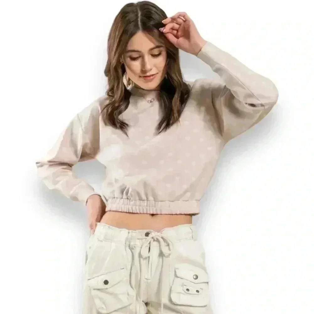 BLU PEPPER Dot Print Crew Neck Cropped Top long sleeve blush pink and cream NEW! - Picture 1 of 14